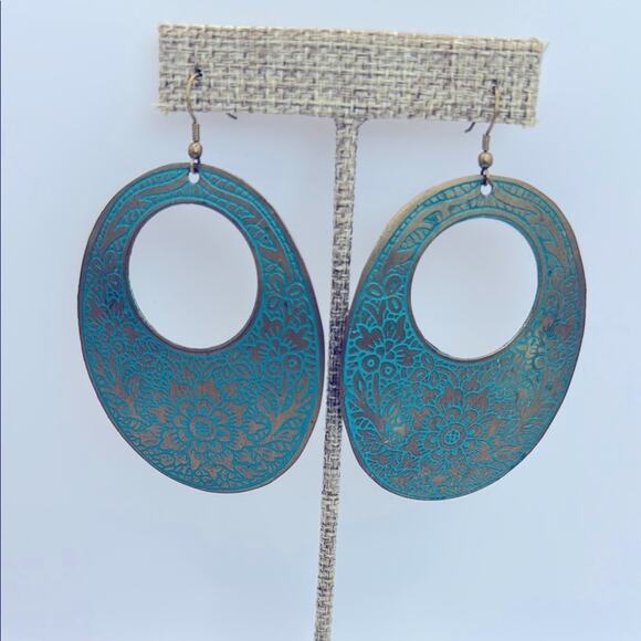 Francesca’s Boho Chic Teal and Bronze Floral Hoop Earrings - Picture 1 of 7